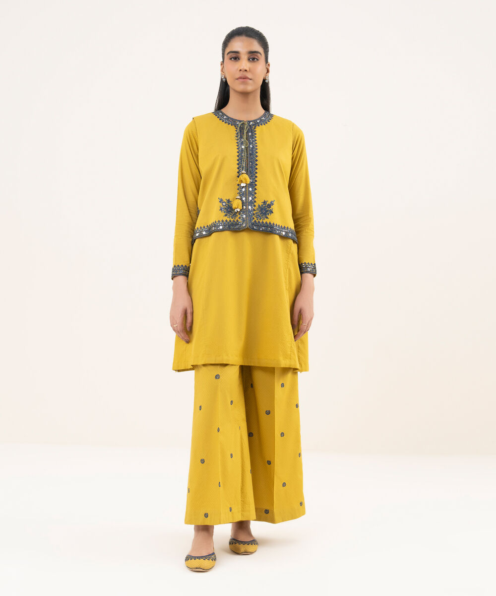 Women's RTW Textured Cotton Yellow Embroidered Front Open Waistcoat