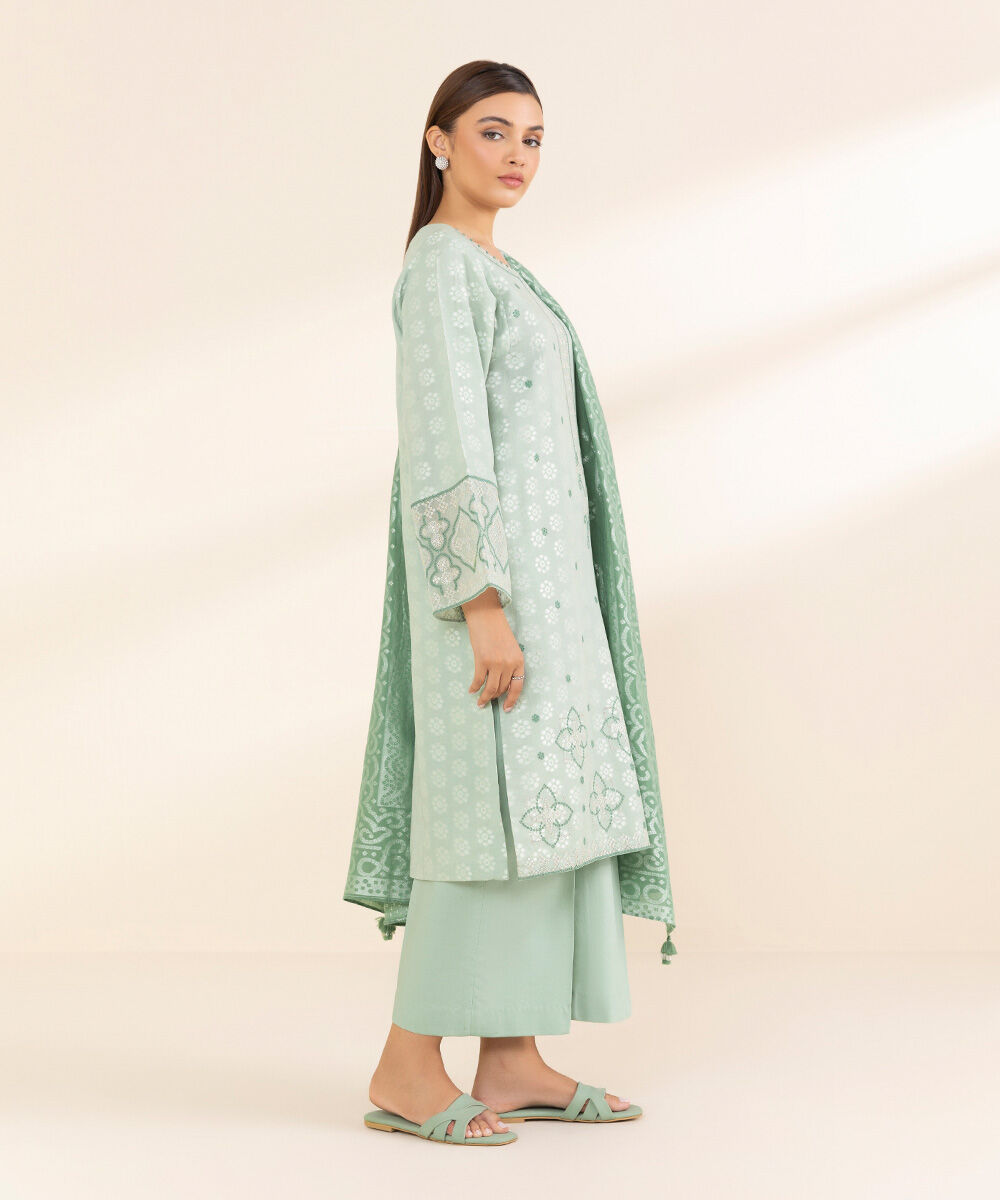 Women's Unstitched Green Extra Weft Jacquard, Jacquard 3 Piece Suit