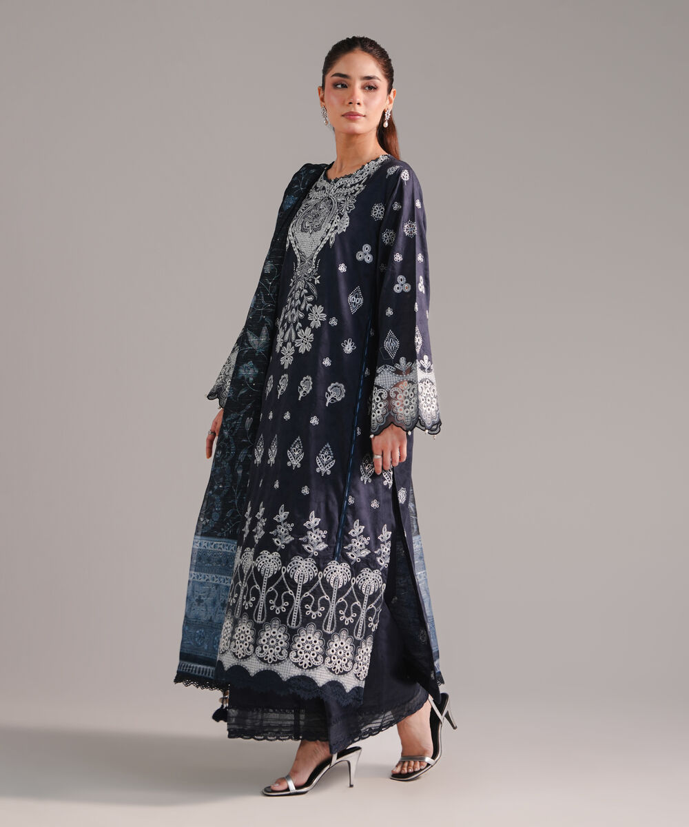 Women's RTW Self Jacquard Embroidered Dark Blue 3 Piece Suit