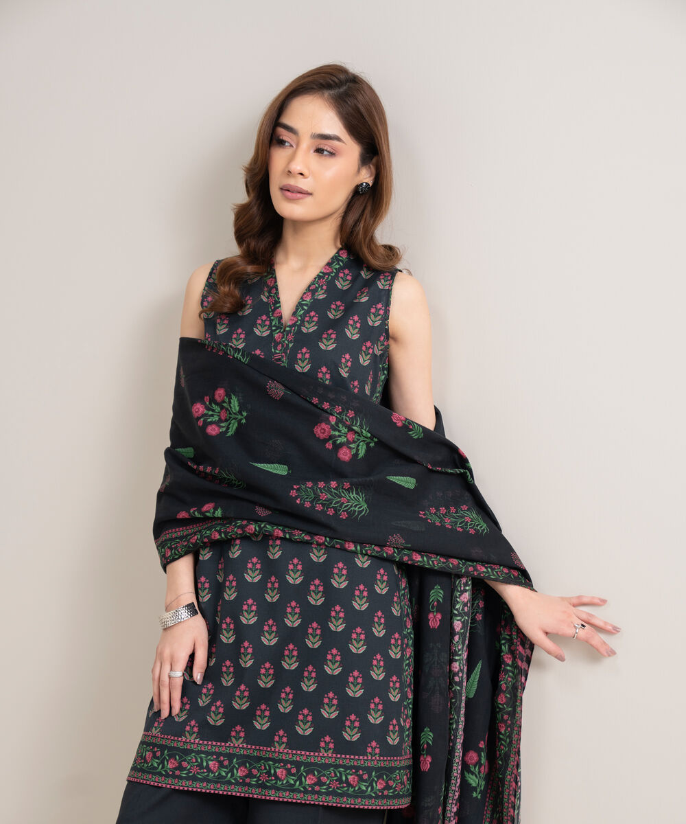 Women's Unstitched Lawn Printed Black 3 Piece Suit