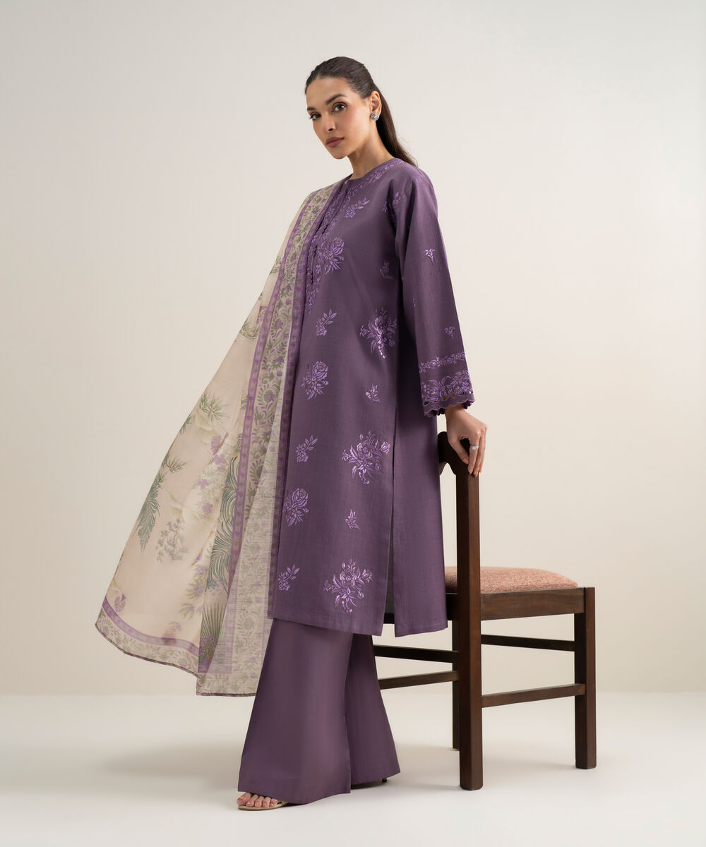 Women's Unstitched Dobby Embroidered Purple 3 Piece Suit