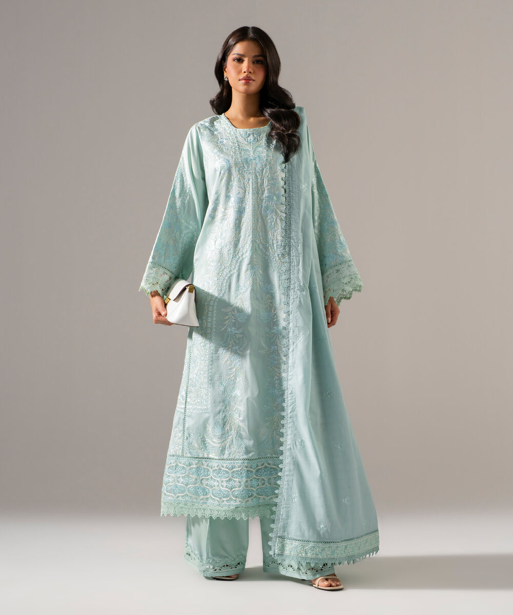 Women's RTW Cotton Satin Solid Embroidered Blue 3 Piece Suit