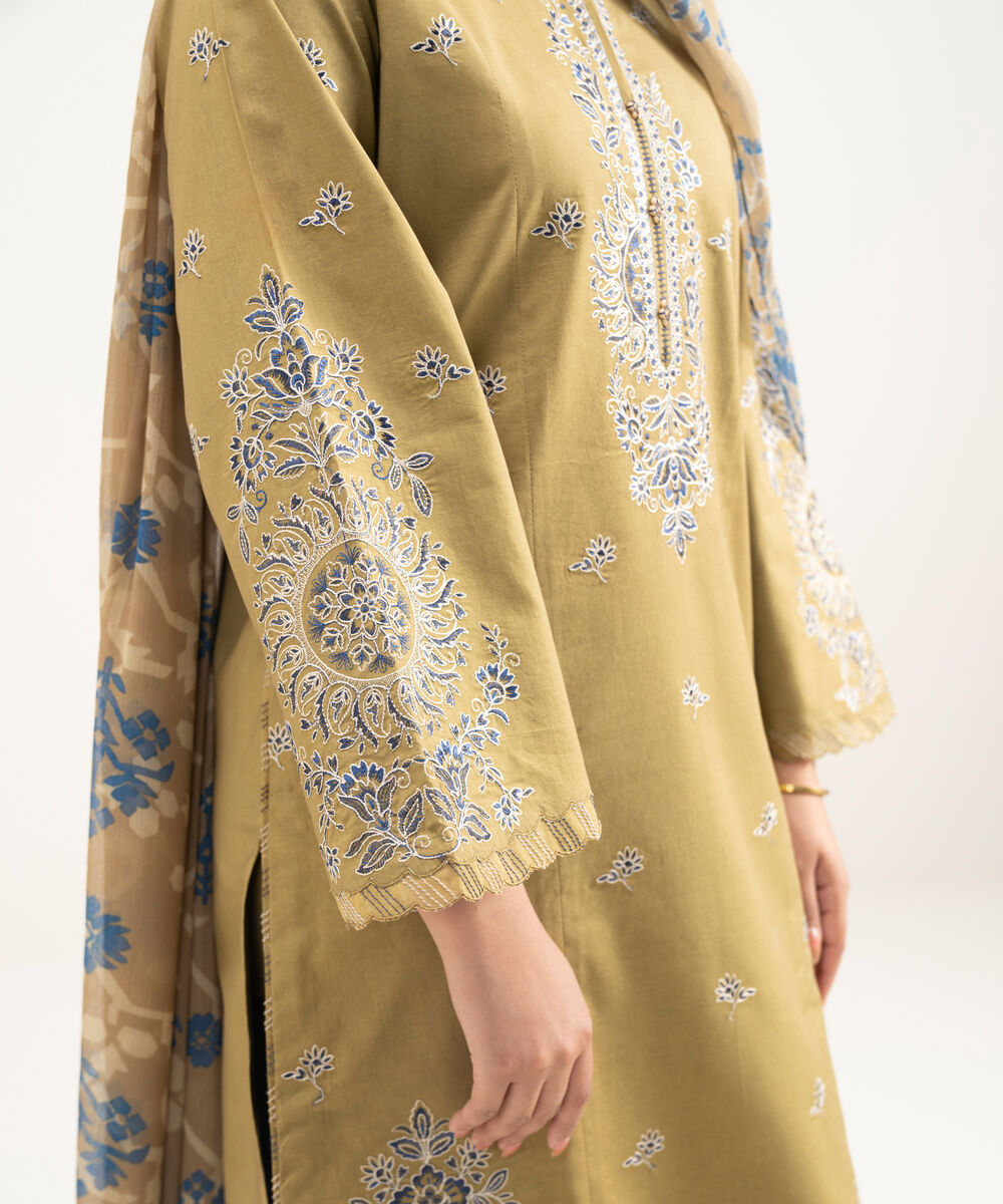 Women's Unstitched Lawn Embroidered Brown 3 Piece Suit