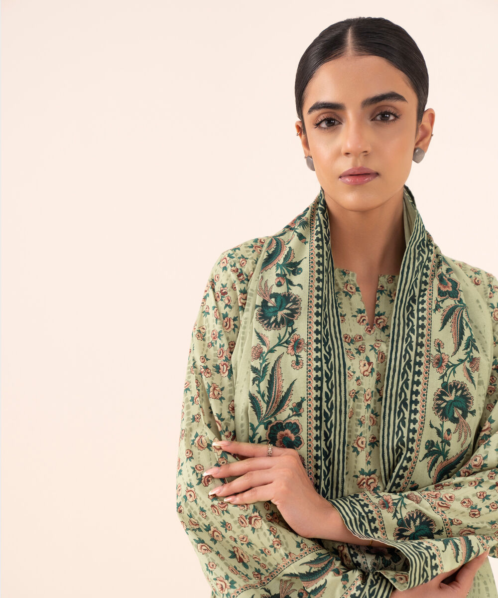 Women's Unstitched Cotton Printed Beige Three Piece Suit