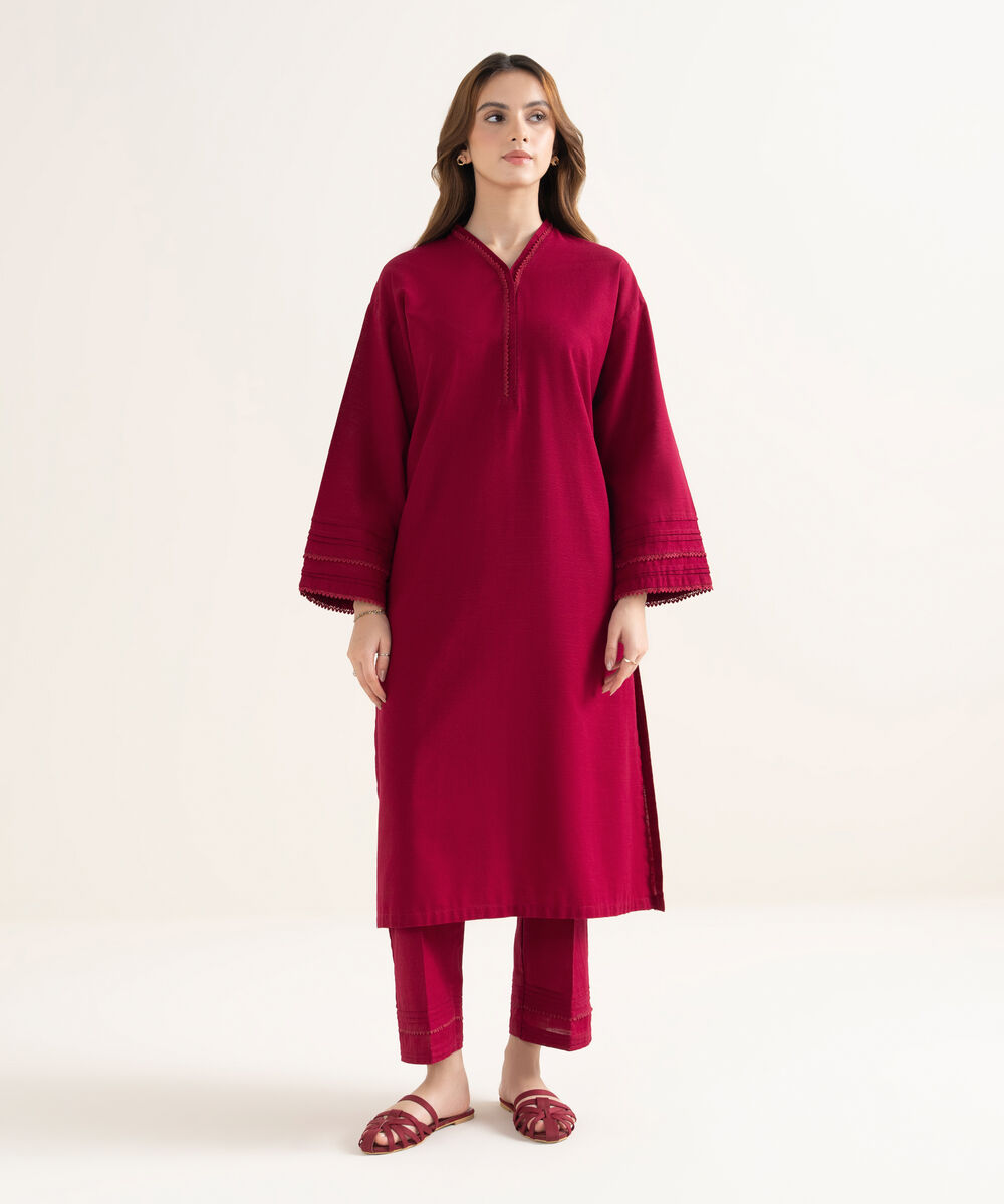 Women's RTW Textured Cotton Solid Drop Shoulder Red Shirt