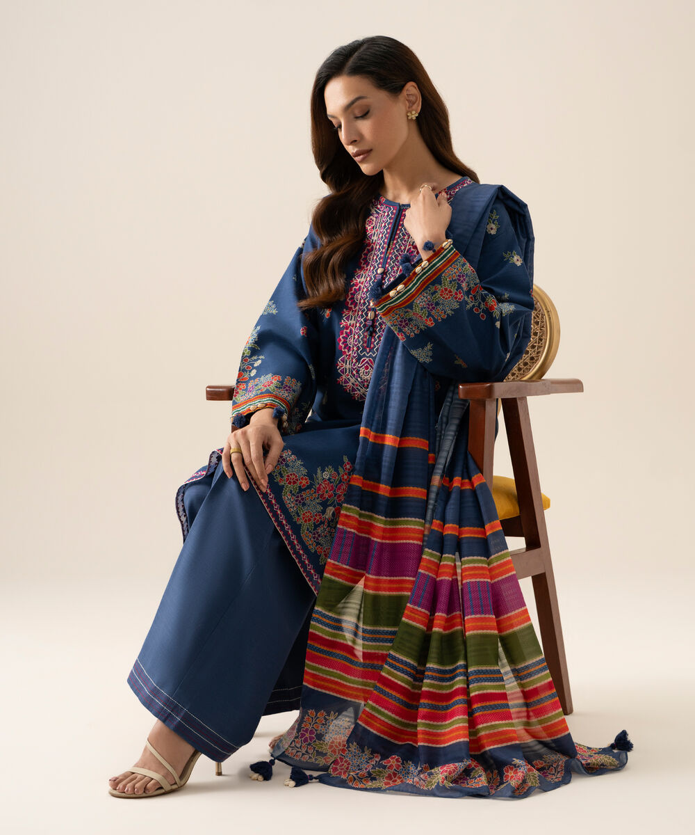 Women's Unstitched Light Khaddar Printed Blue 3 Piece Suit