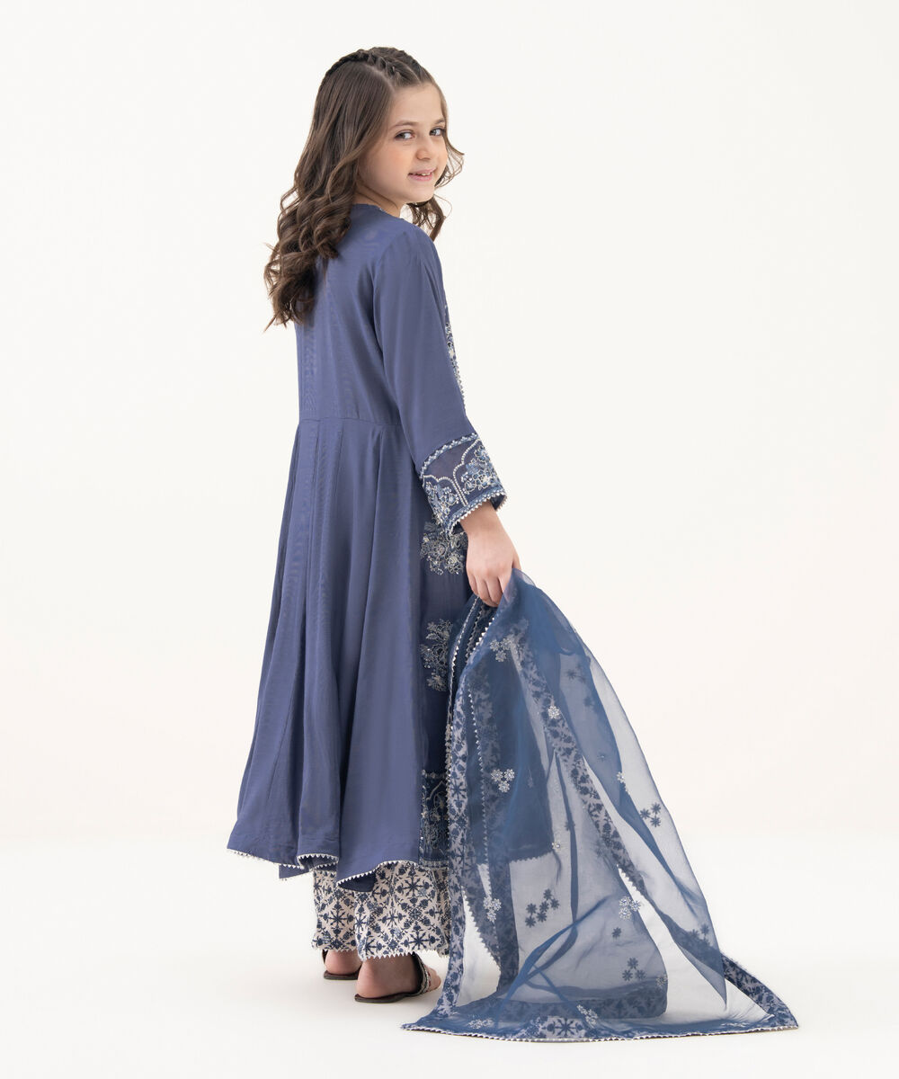 Girl's Viscose Raw Silk Embroidered Blue Three Piece Suit