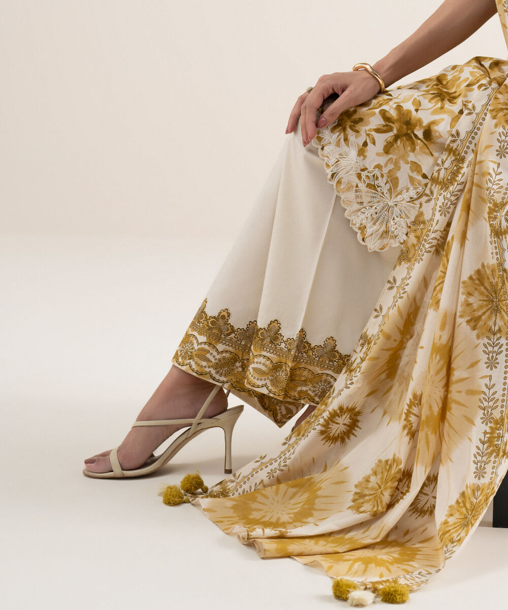 Women's Unstitched Lawn Embroidered Yellow and Off White 3 Piece Suit