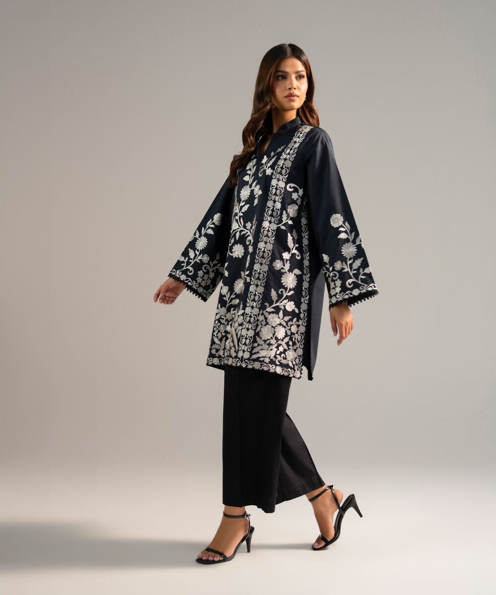 Women's RTW Poplin Embroidered Black Straight Shirt