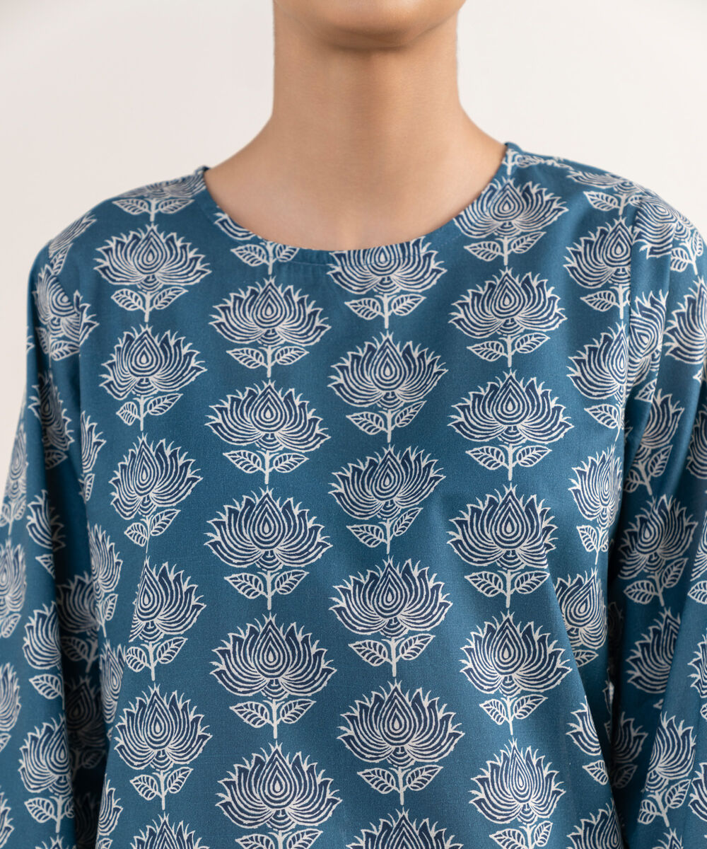 Women's RTW Textured Lawn Blue Printed A-Line Shirt