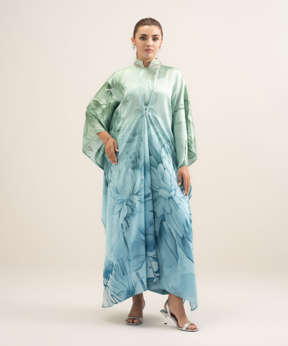 Women's RTW Blended Satin Printed Blue 2 Piece Suit