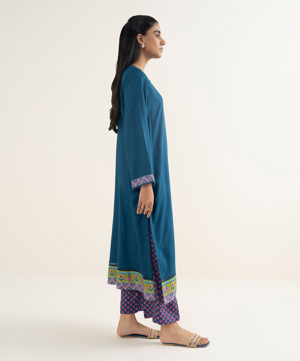 Women's RTW Textured Viscose Solid Teal A-Line Shirt