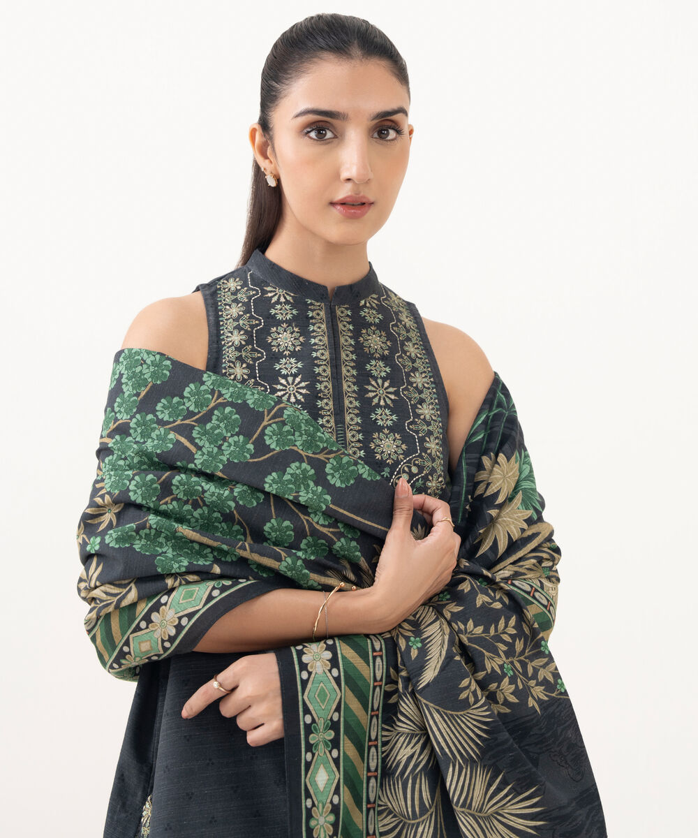 Women's Unstitched Khaddar Embroidered Grey 3 Piece Suit