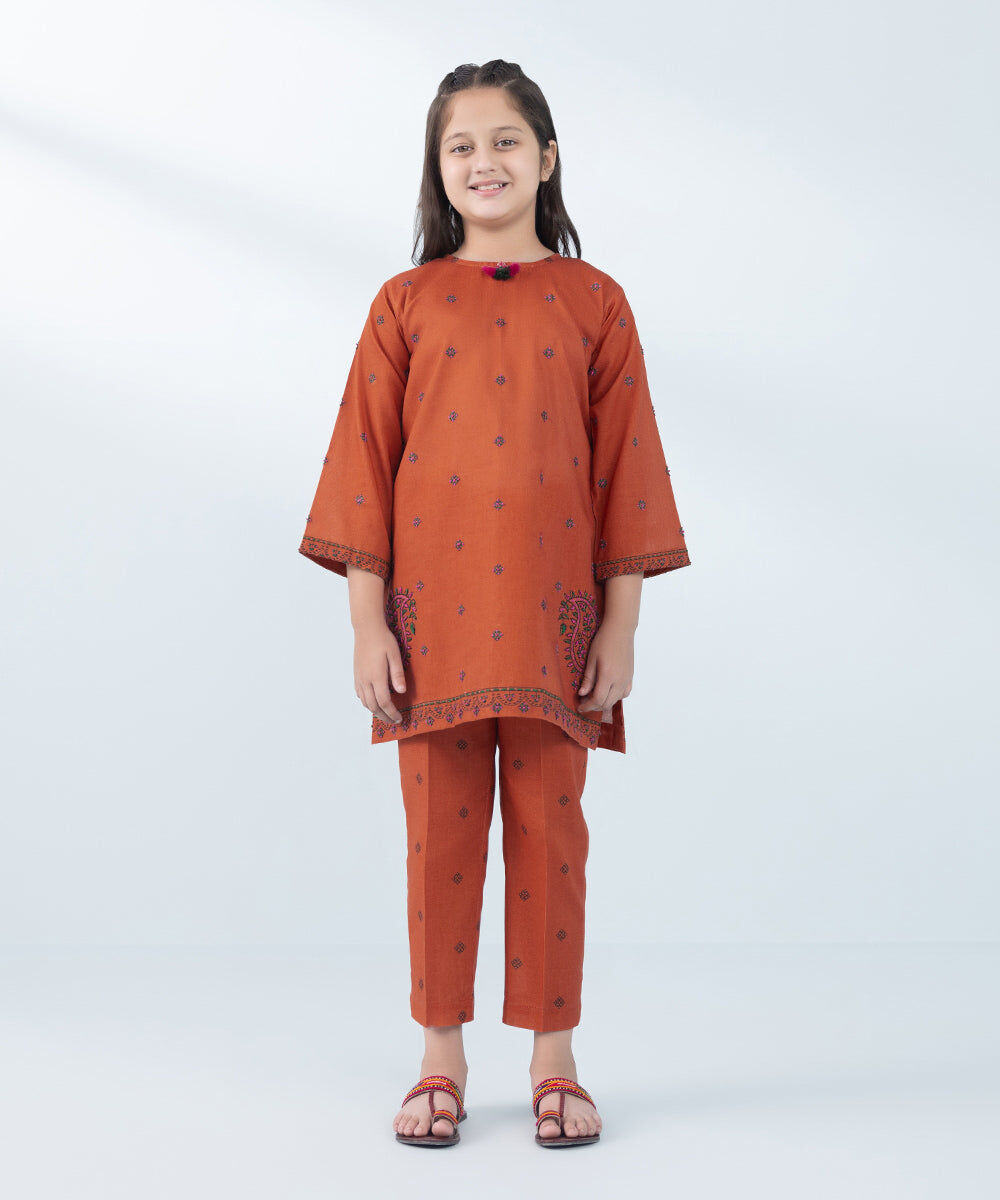 Kids East Girl's Orange 2 Piece Embroidered Khaddar Suit