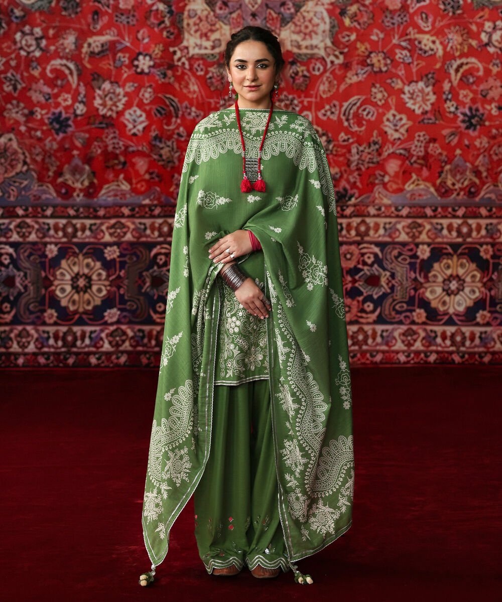 3 Piece - Embroidered Light Khaddar Suit Women's Unstitched Light Khaddar Embroidered Green 3 Piece Suit