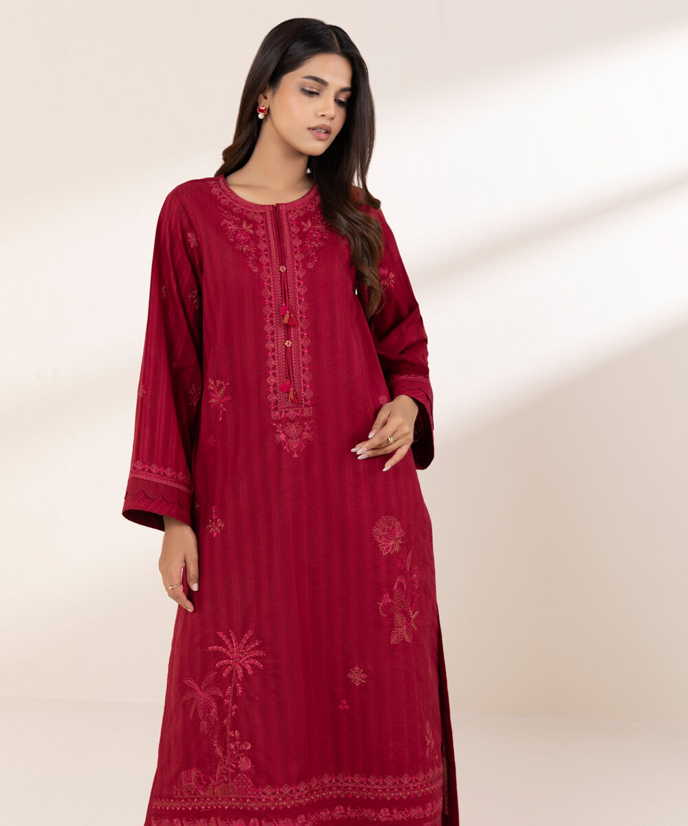 Women's RTW Dobby Red Embroidered A-Line Shirt