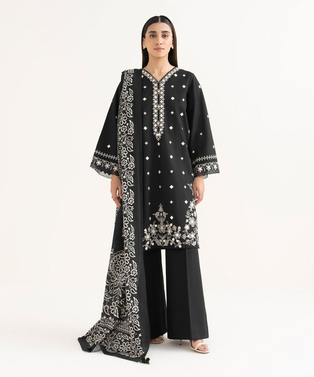 Women's Unstitched Light Khaddar Embroidered Black 3 Piece Suit