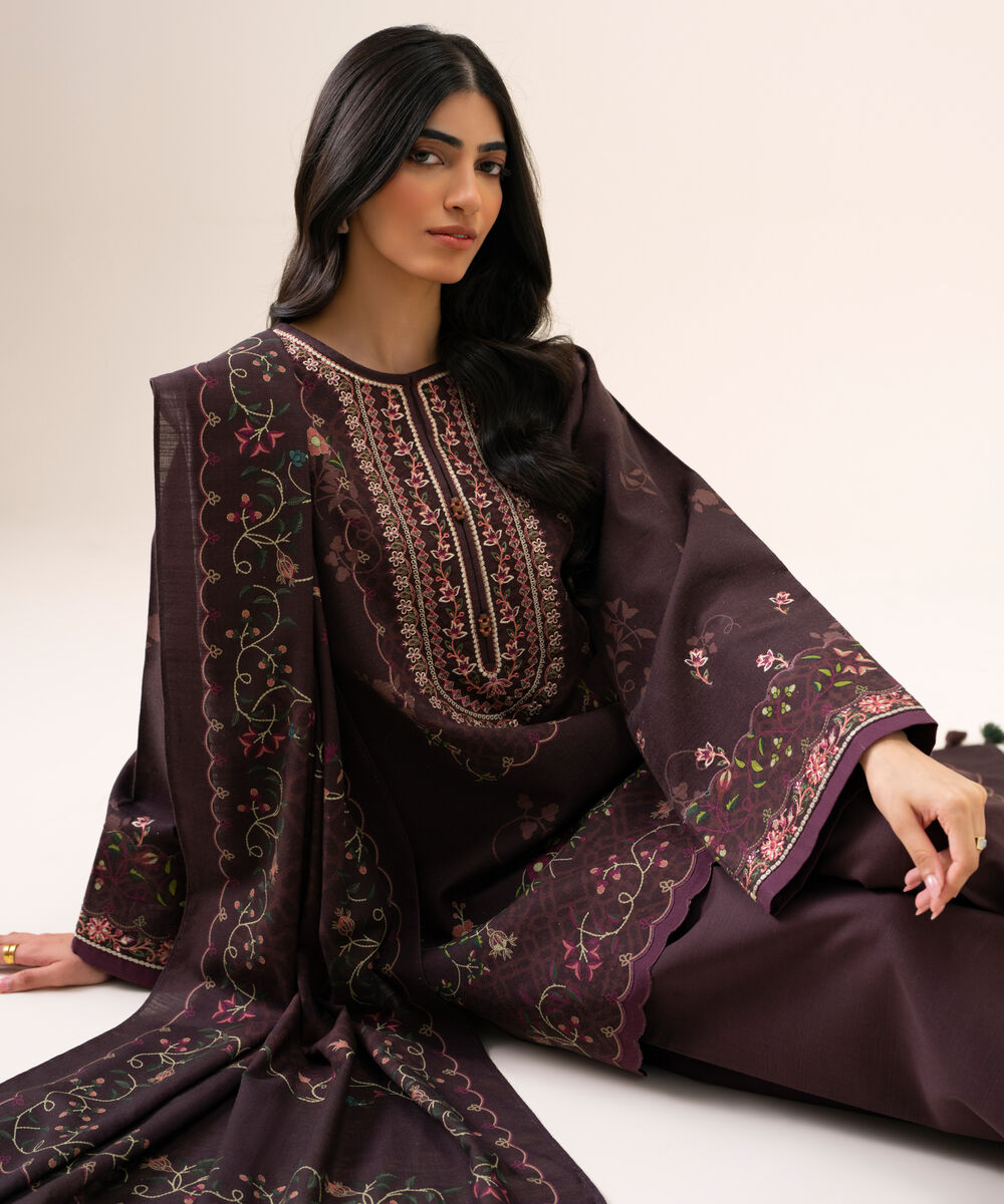 Women's Unstitched Light Khaddar Embroidered Brown 3 Piece Suit