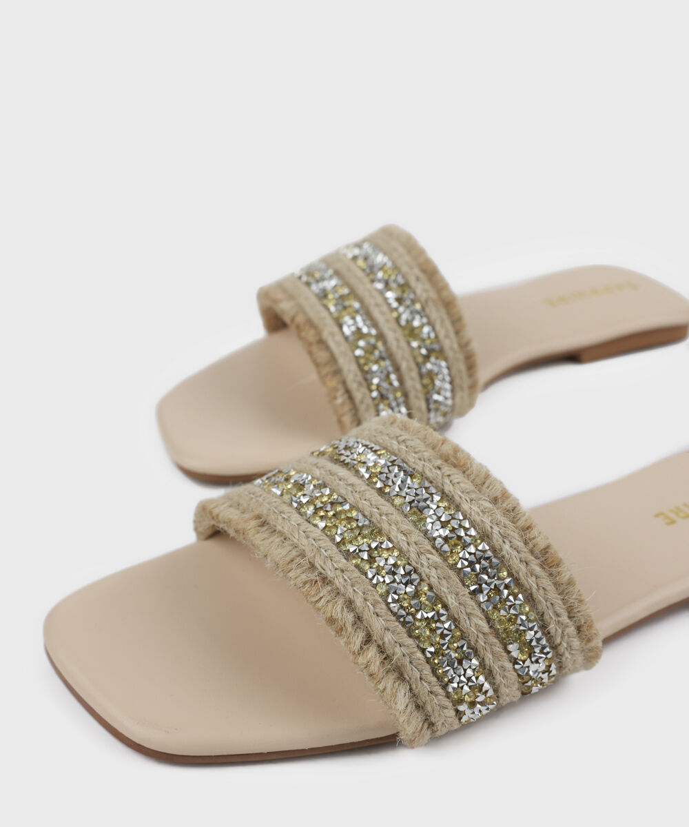 Woman - Beige Embellished Jute Flats