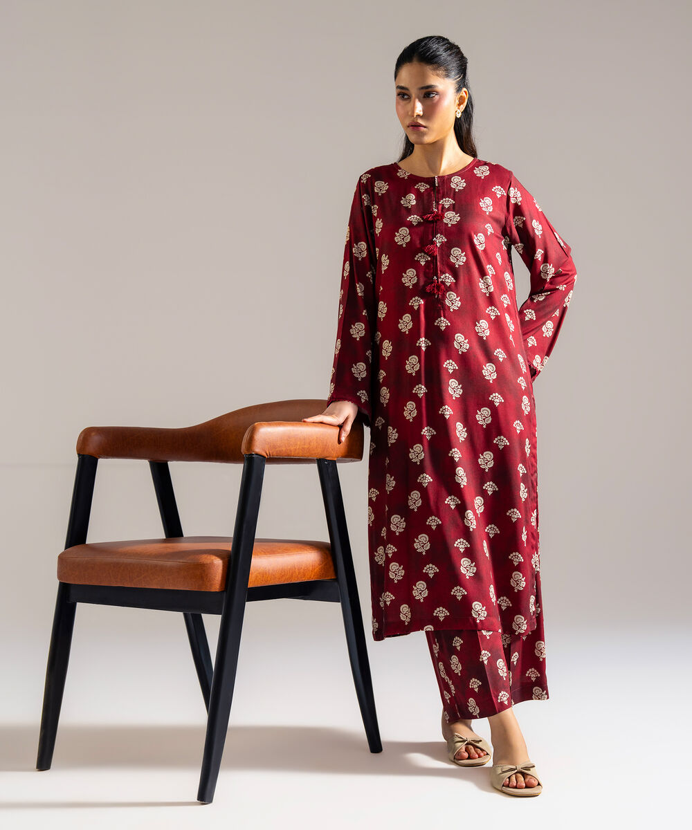Women's RTW Arabic Lawn Printed Red 2 Piece Suit