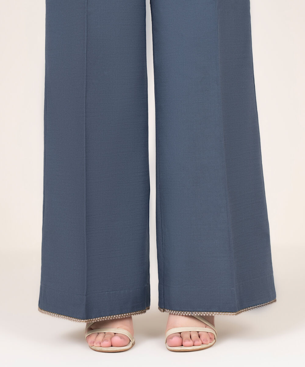 Women's RTW Cotton Solid Blue Flared Pants