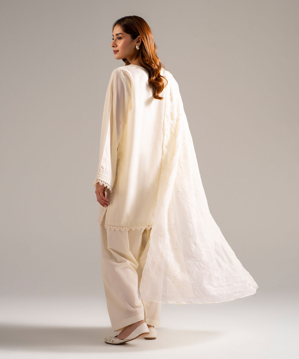 Women's RTW Dobby Embroidered Off White 3 Piece Suit