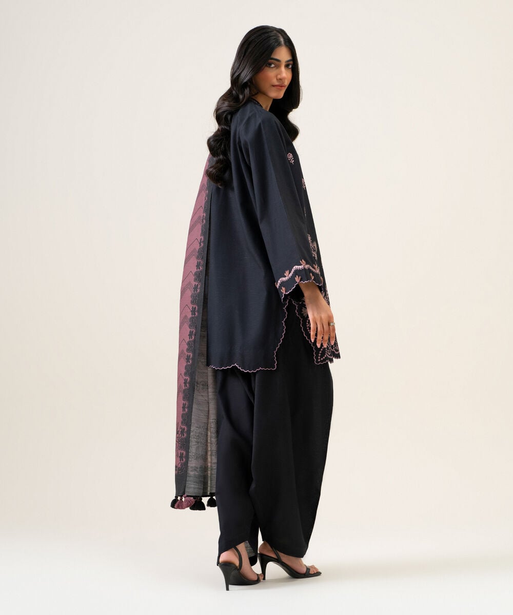 Womens Unstitched Light Khaddar Embroidered Black 3 Piece Suit