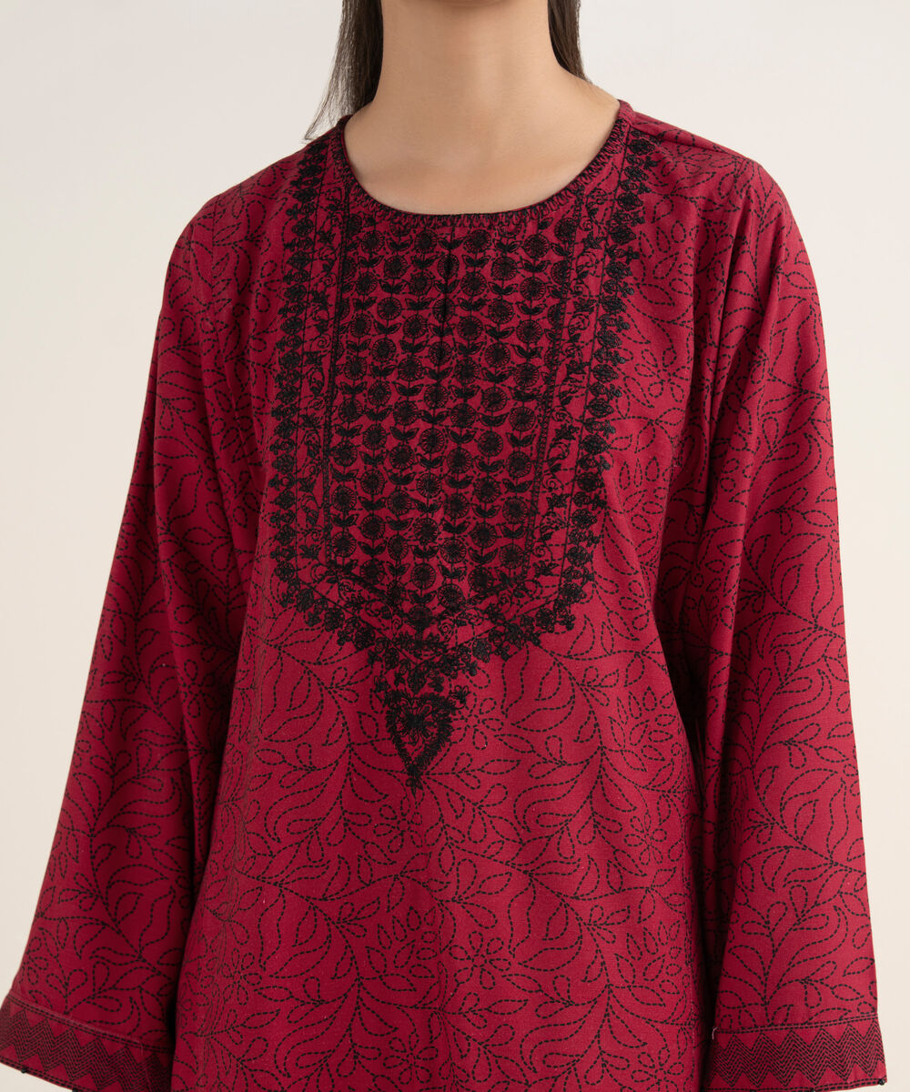 Women's RTW Cotton Embroidered Red A-Line Shirt