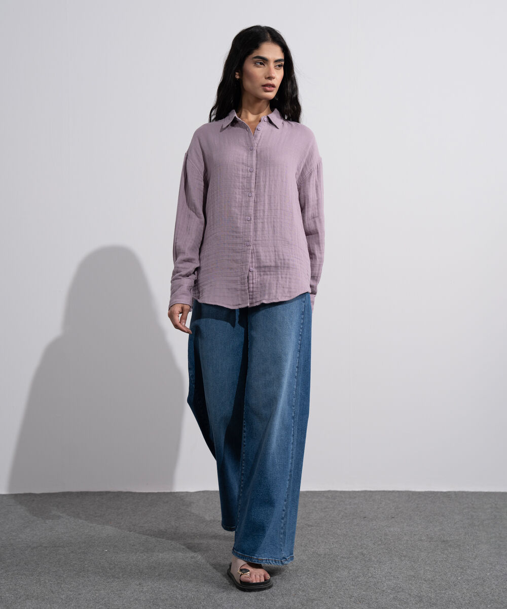 Women's Lilac Loose-Fit Muslin Shirt