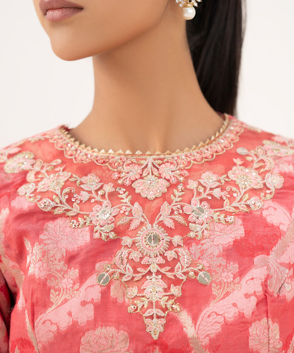 Women's RTW Zari Jacquard Pink Embroidered Lehnga Choli