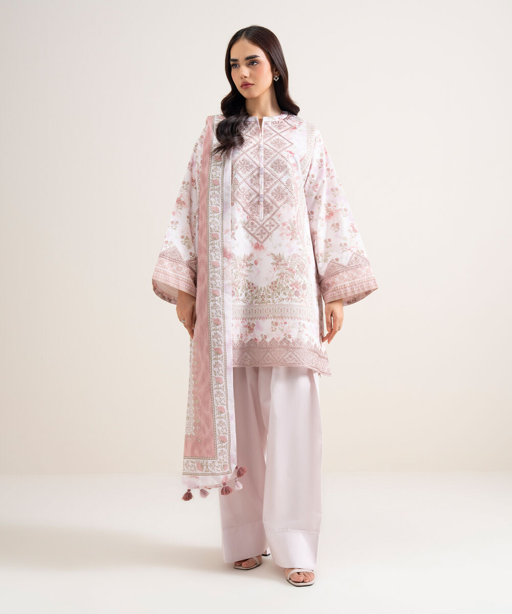 Women's Unstitched Lawn Embroidered Off White and Blue 3 Piece Suit