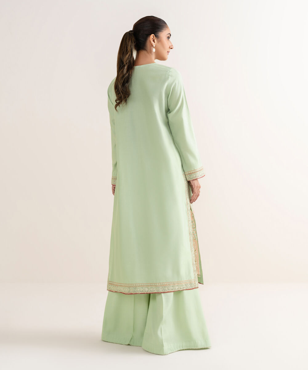 Women's RTW Silk Cotton Net Embroidered A-Line Green Shirt