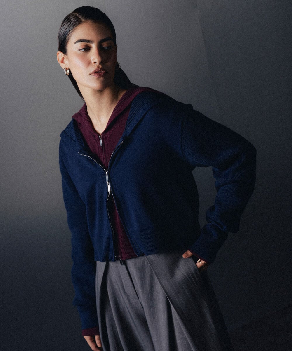Women's Western Wear Navy Blue Zip-Up Sailor Collar Sweater