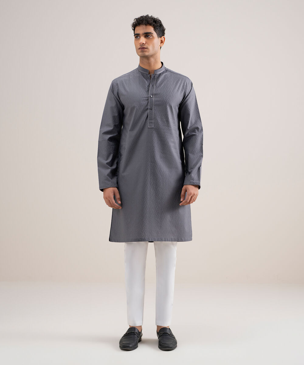 Men's Stitched Cotton Jacquard Grey Kurta