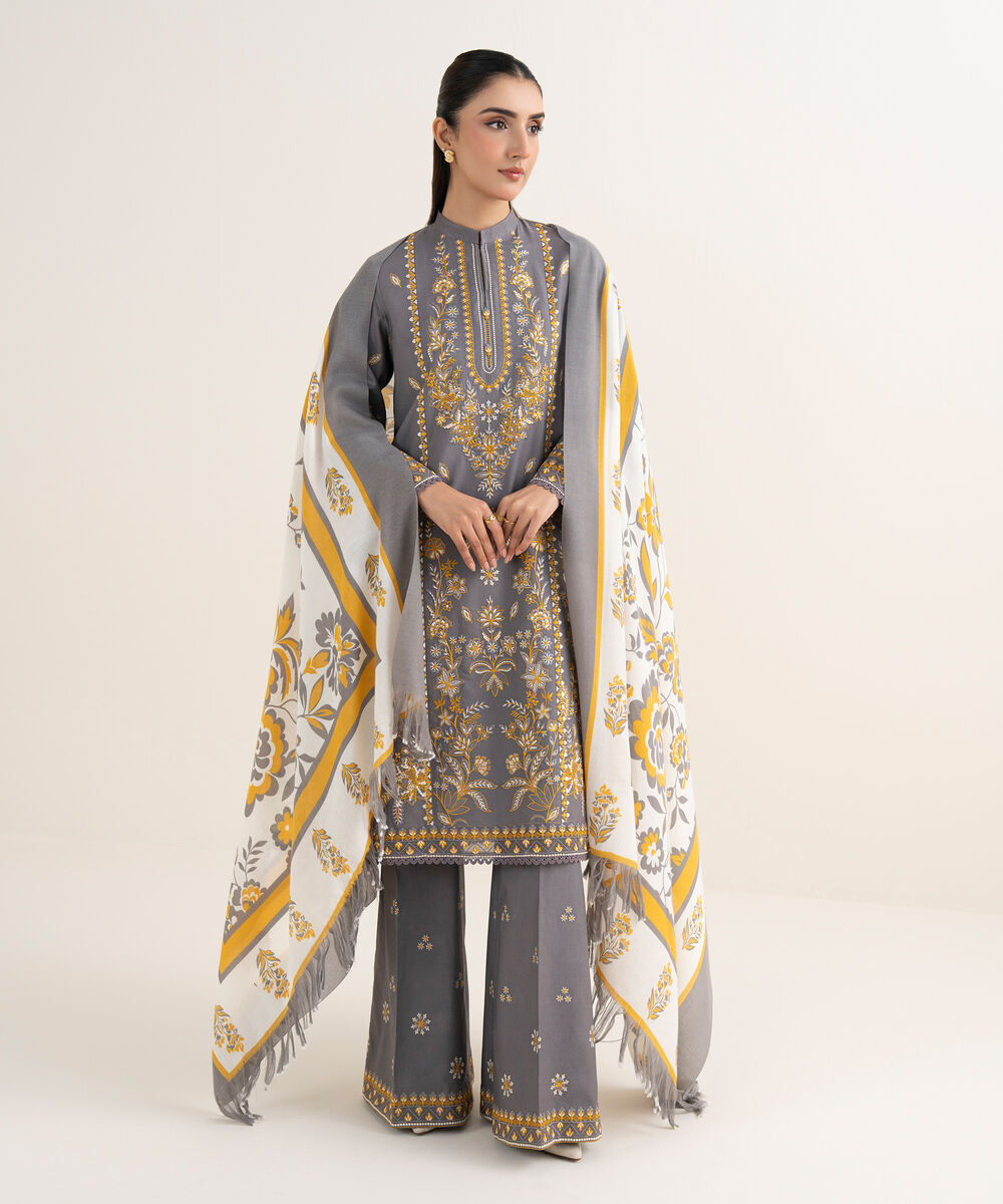 Women's Unstitched Embroidered Zari Khaddar Dark Grey 3 Piece Suit