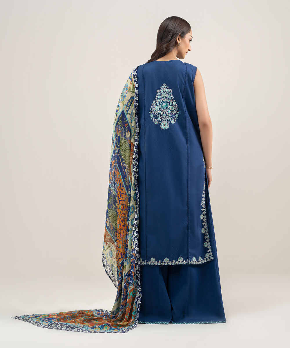 Women's RTW Dobby Embroidered Dark Blue 3 Piece Suit