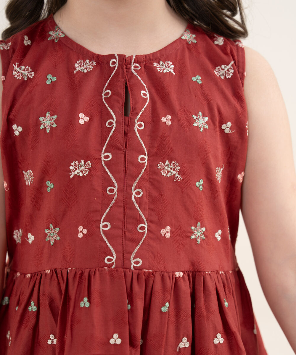 Girl's Cotton Jacquard Embroidered Red 2 Piece Set