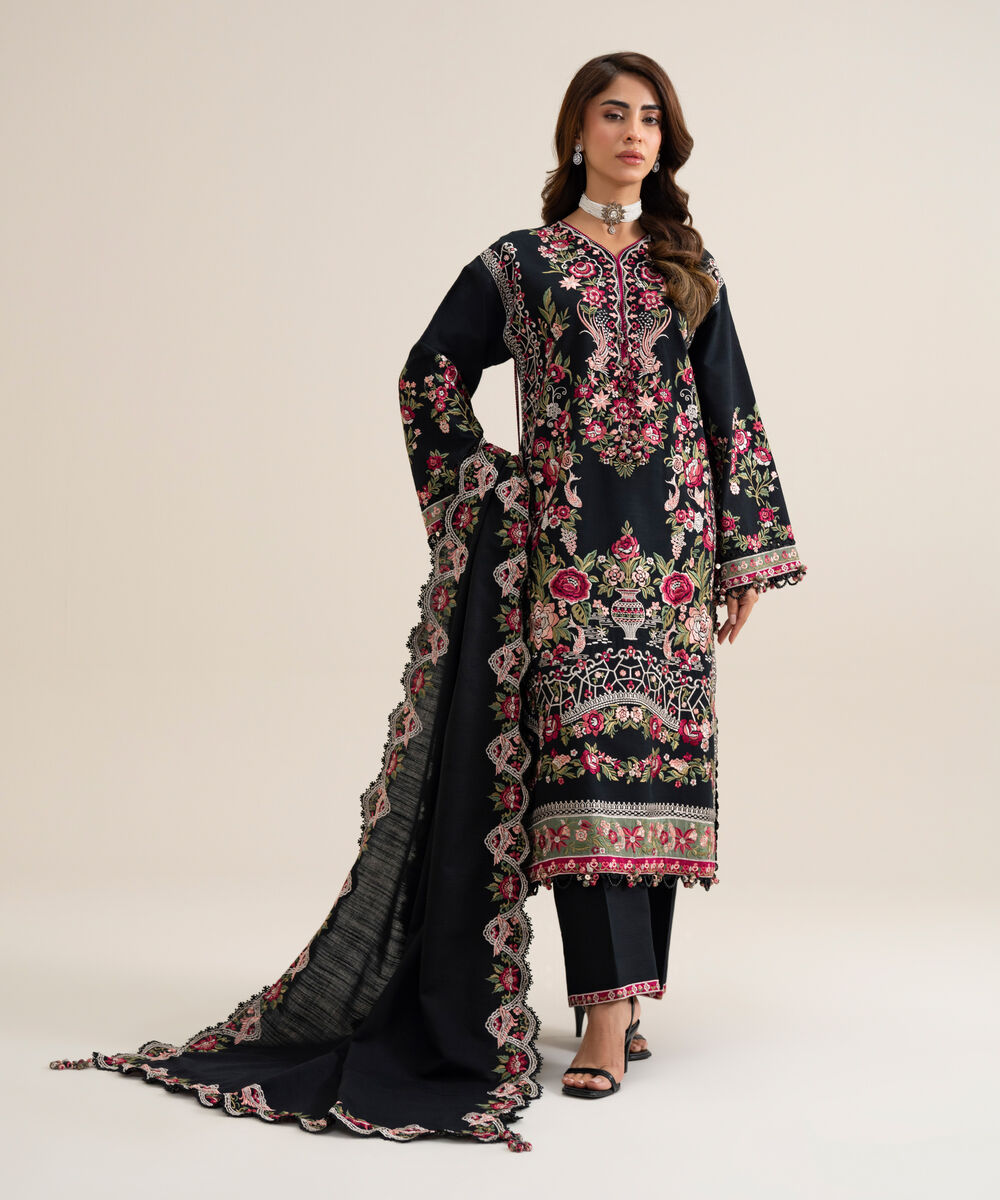 Women's Unstitched Basic Khaddar Embroidered Black 3 Piece Suit