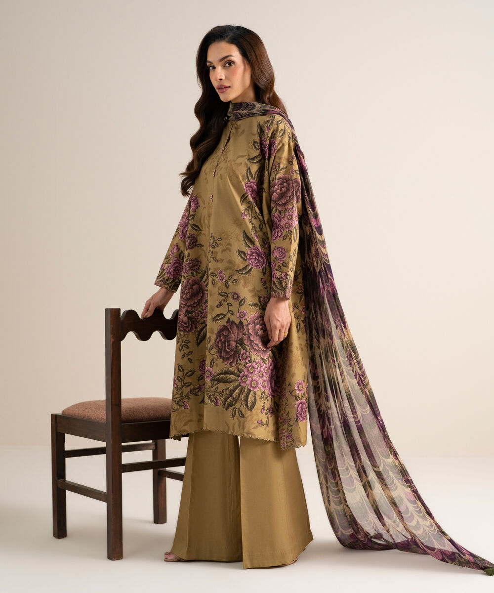 Women's Unstitched Cotton Printed Deep Mustard 3 Piece Suit