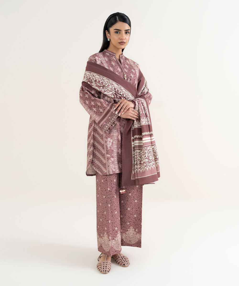 Women's Unstitched Printed Cotton Tea Pink & Off White 3 Piece Suit