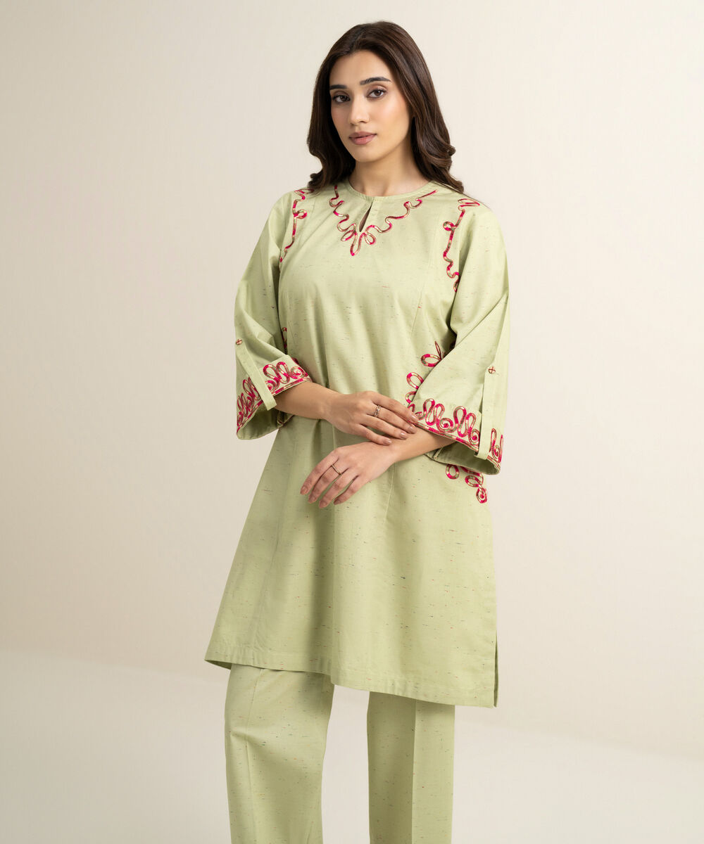 Women's RTW Multi Neps Embroidered Green Straight Shirt