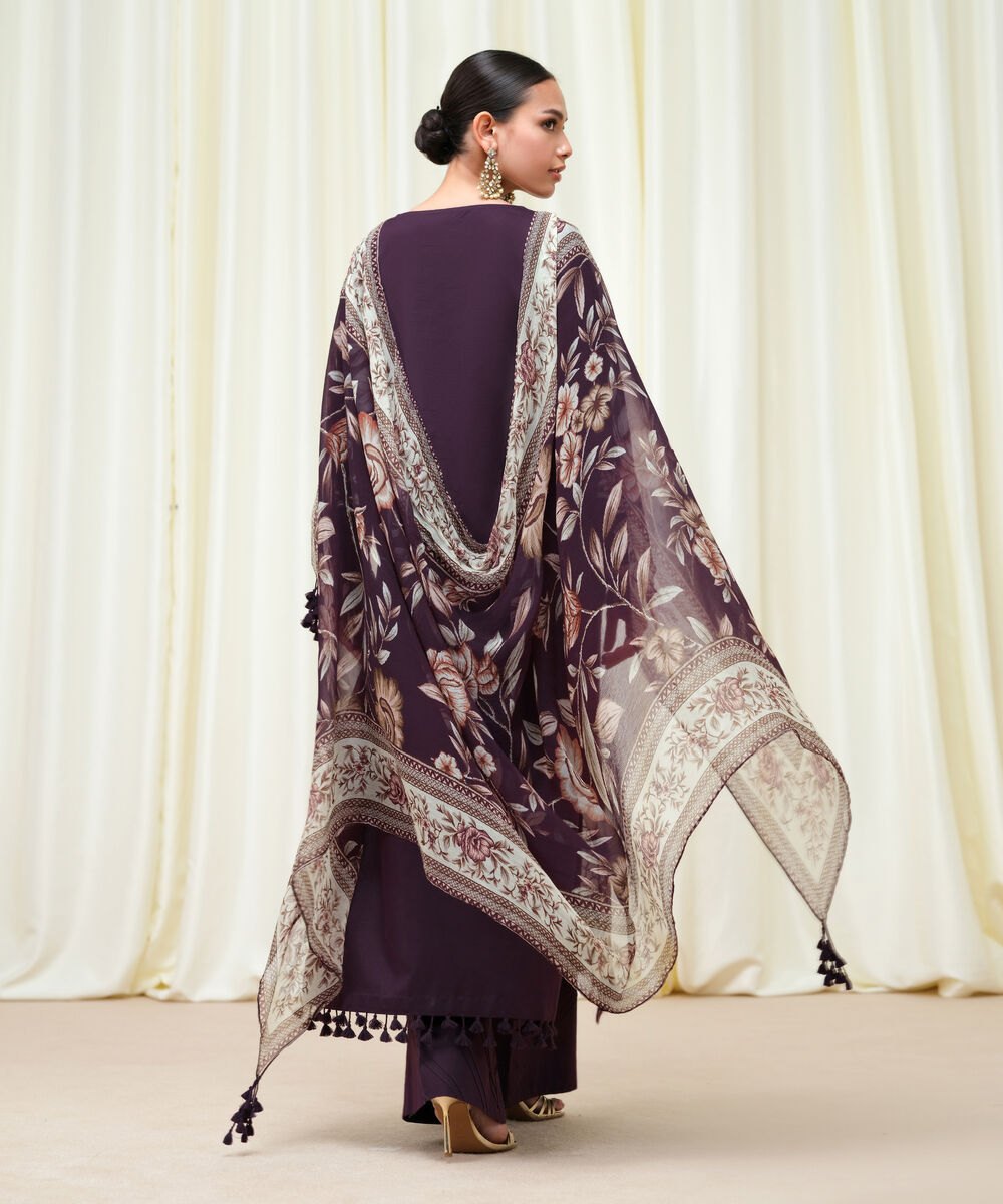 Women's Unstitched Fine Cotton Satin Embroidered Purple 3 Piece Suit