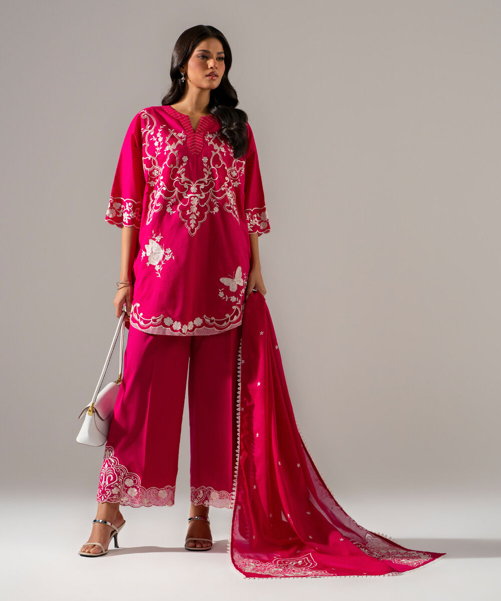 Women's RTW Lawn Solid Embroidered Pink 3 Piece Suit