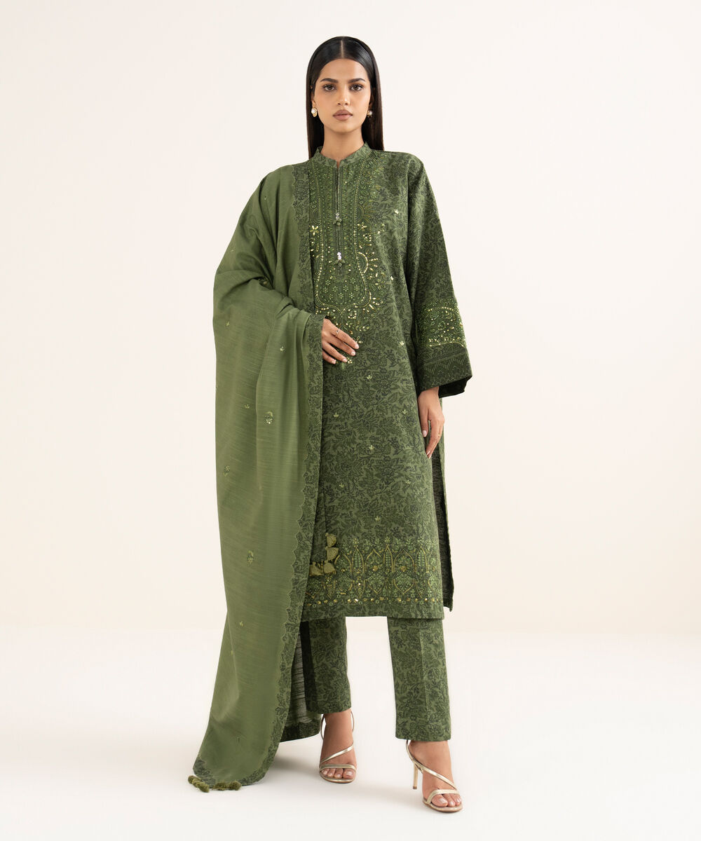 Women's Unstitched Textured Cotton Embroidered Green  3 Piece Suit