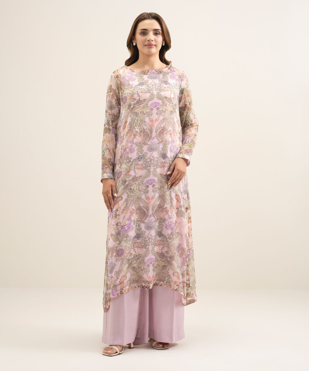 Women's RTW Blended Chiffon Embroidered Pink 2 Piece Suit