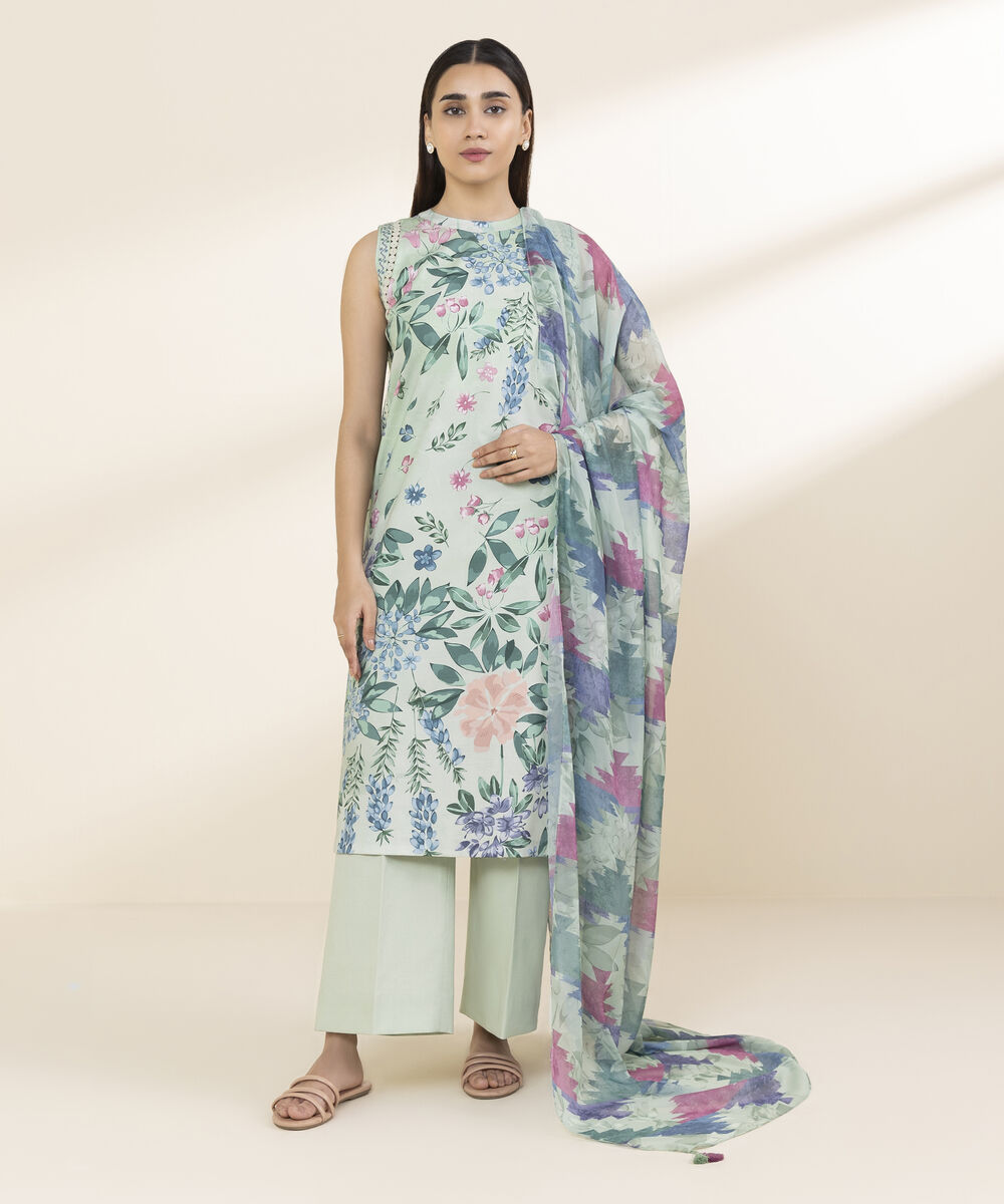 Unstitched Women's Green Lawn 3 Piece Suit