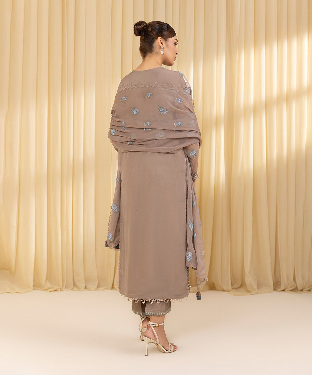 Unstitched Women's Beige Blended Chiffon 3 Piece Suit