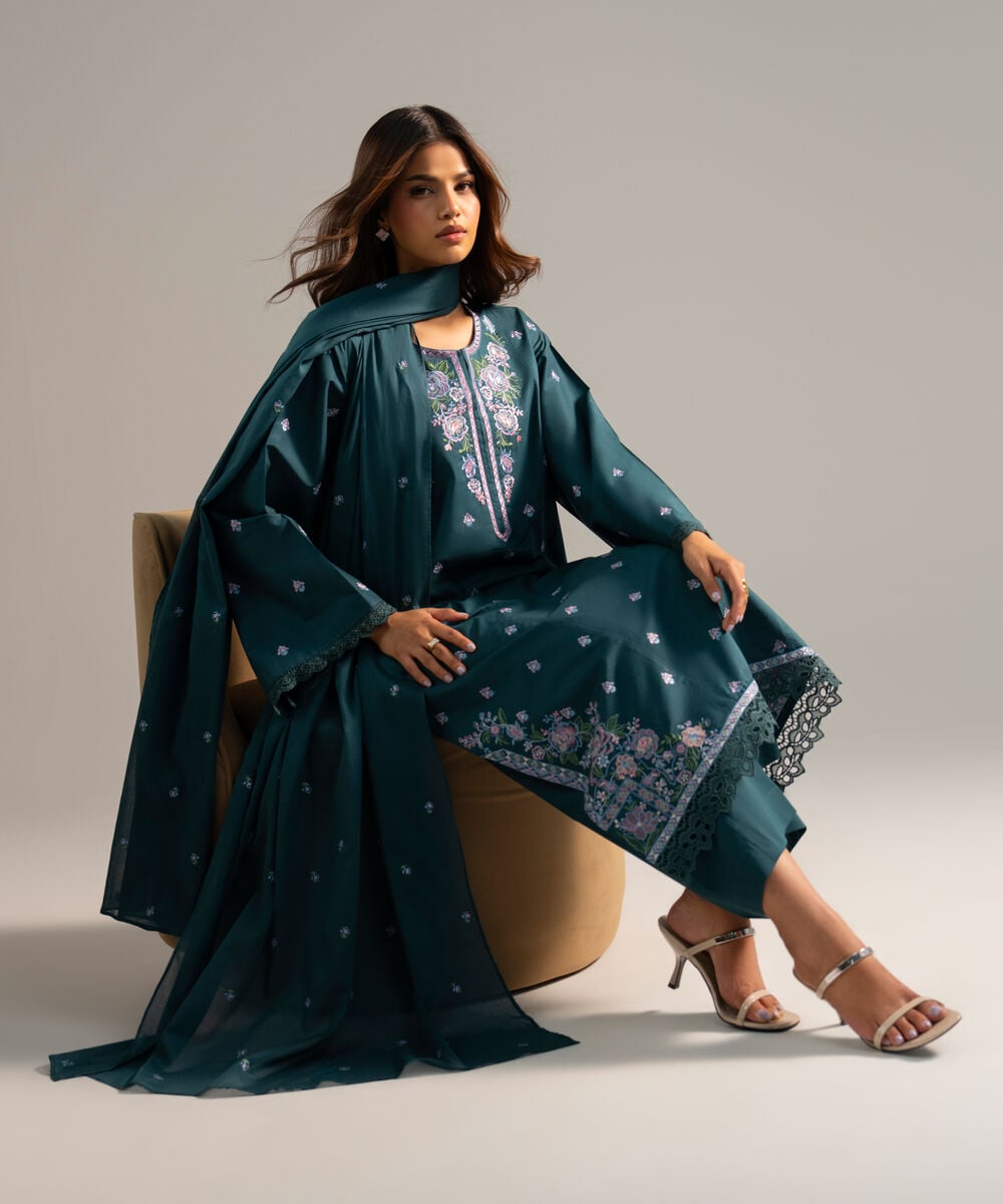 Women's RTW Lawn Embroidered Teal 3 Piece Suit