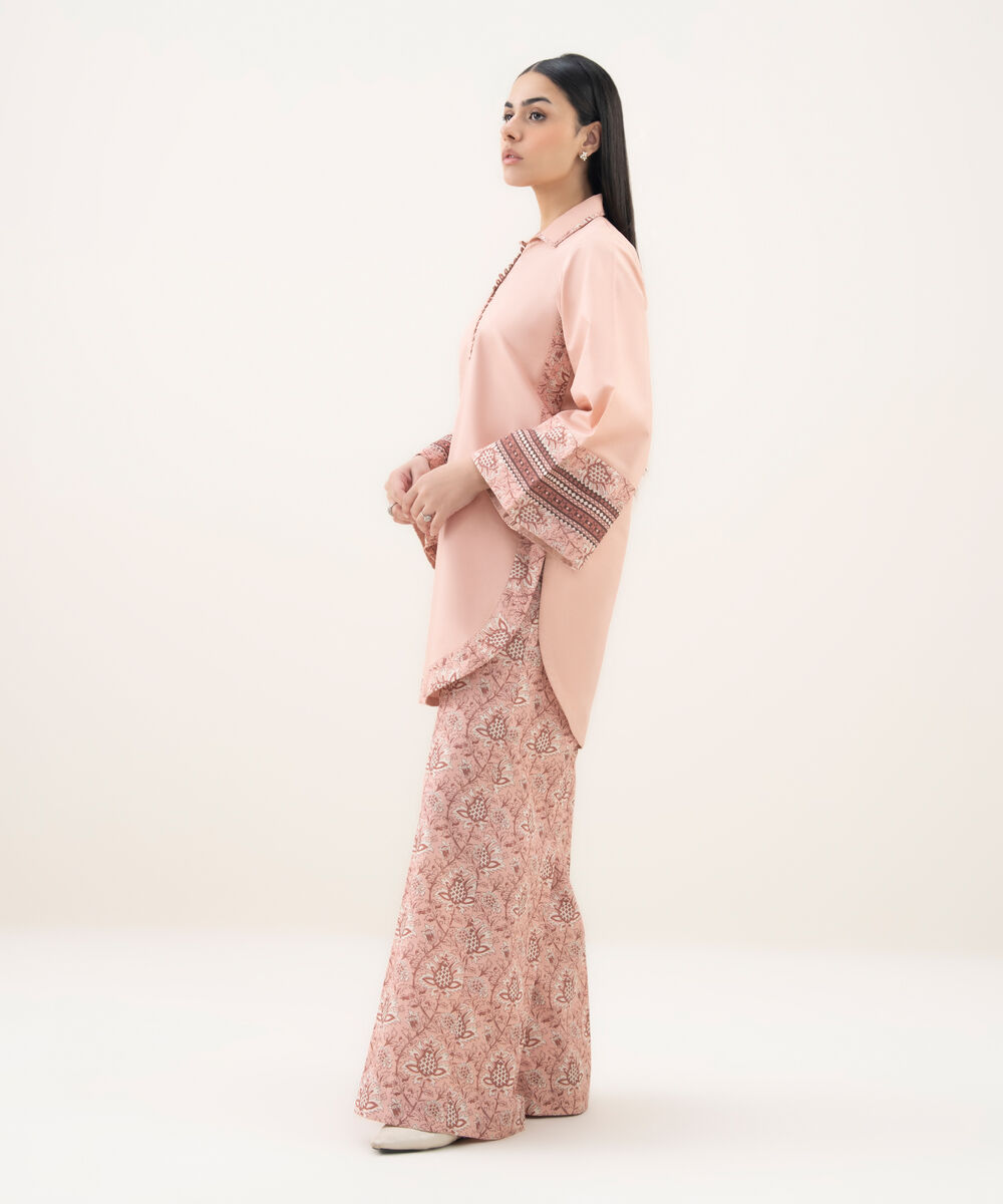 Women's Unstitched Cotton Printed Pink 2 Piece Suit