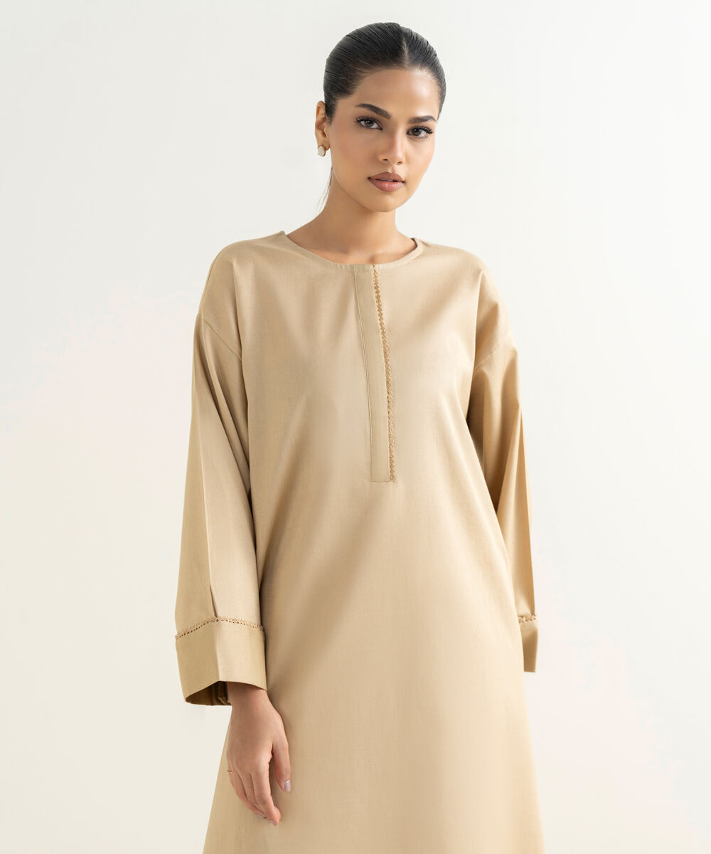 Women's RTW Cotton Linen Beige Solid Drop Shoulder Shirt